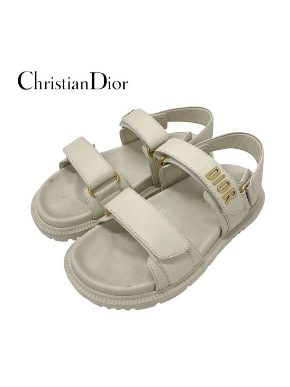 Christian Dioract Sandals Shoes Lambskin Ivory Gold Logo Velcro Strap - Picture 2 of 10